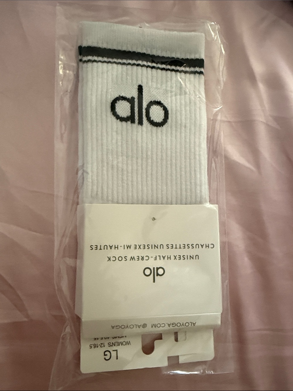 ALO Yoga White Crew Socks with Black Logo and Stripe